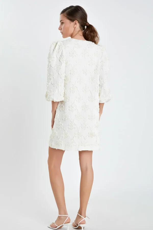ENGLISH FACTORY Puff Sleeve | Floral Dresses*- Ribbon Embroidered Shift Mini Dress IVORY