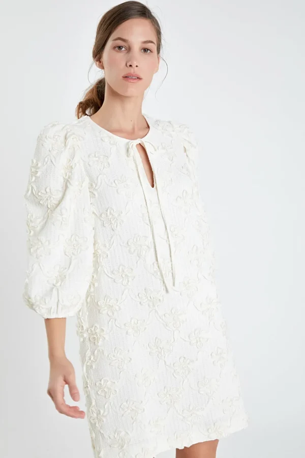 ENGLISH FACTORY Puff Sleeve | Floral Dresses*- Ribbon Embroidered Shift Mini Dress IVORY