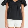 ENGLISH FACTORY Tops*- Ruched Sleeve Top BLACK