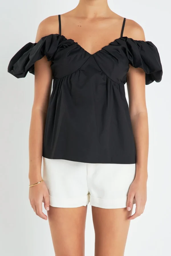 ENGLISH FACTORY Tops*- Ruched Sleeve Top BLACK