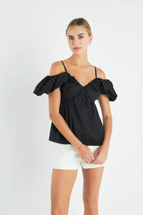 ENGLISH FACTORY Tops*- Ruched Sleeve Top BLACK