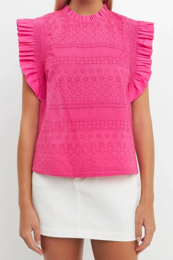 ENGLISH FACTORY Tops*- Ruffle Sleeve Embroidered Cotton Top