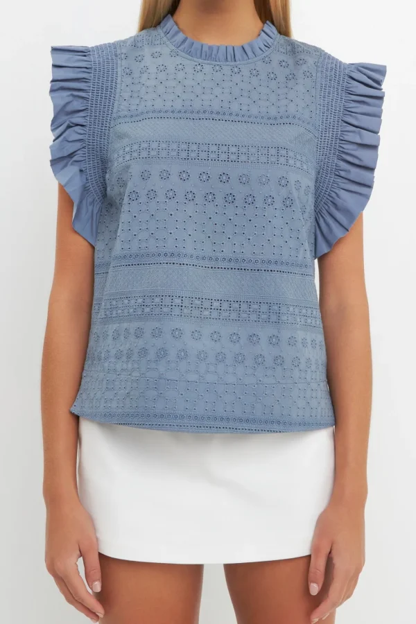 ENGLISH FACTORY Tops*- Ruffle Sleeve Embroidered Cotton Top
