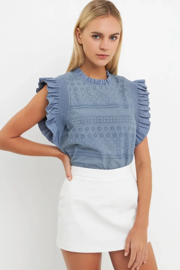 ENGLISH FACTORY Tops*- Ruffle Sleeve Embroidered Cotton Top