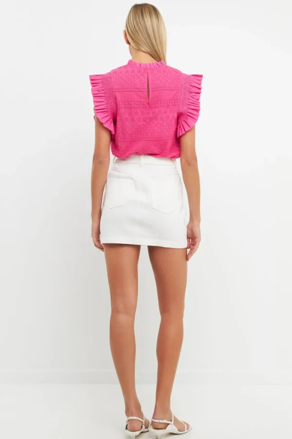 ENGLISH FACTORY Tops*- Ruffle Sleeve Embroidered Cotton Top