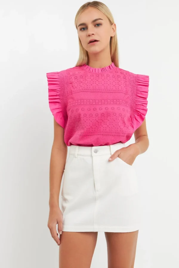 ENGLISH FACTORY Tops*- Ruffle Sleeve Embroidered Cotton Top