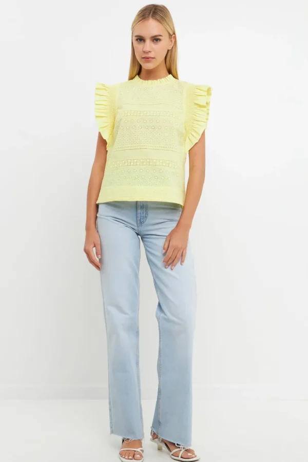 ENGLISH FACTORY Tops*- Ruffle Sleeve Embroidered Cotton Top