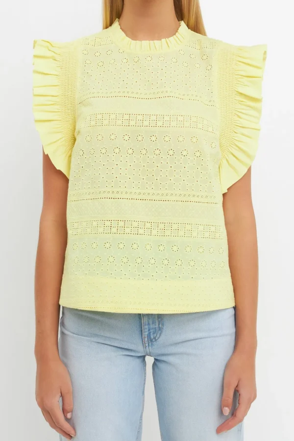 ENGLISH FACTORY Tops*- Ruffle Sleeve Embroidered Cotton Top