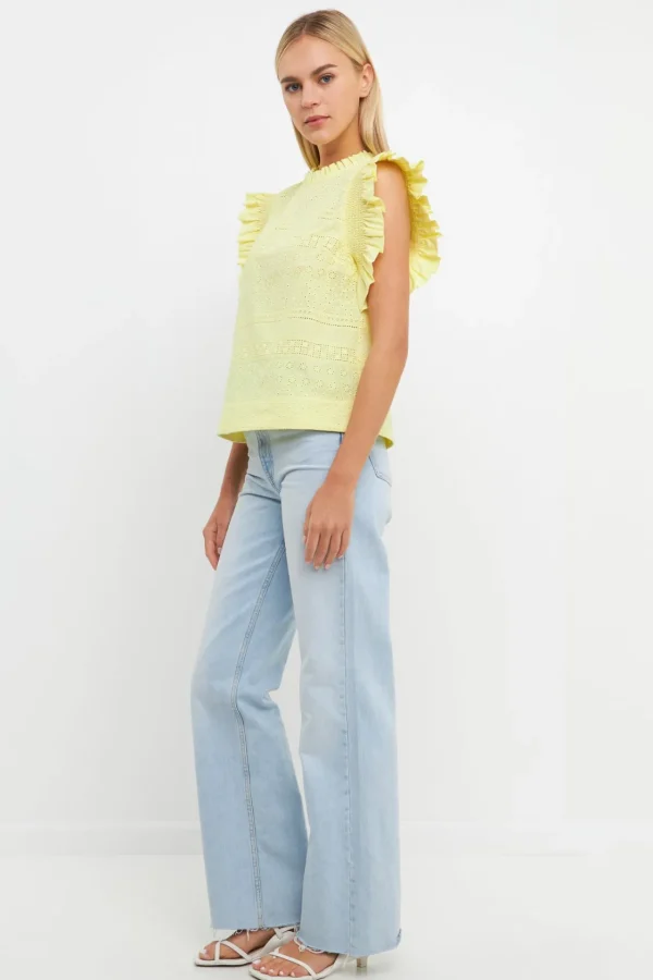 ENGLISH FACTORY Tops*- Ruffle Sleeve Embroidered Cotton Top