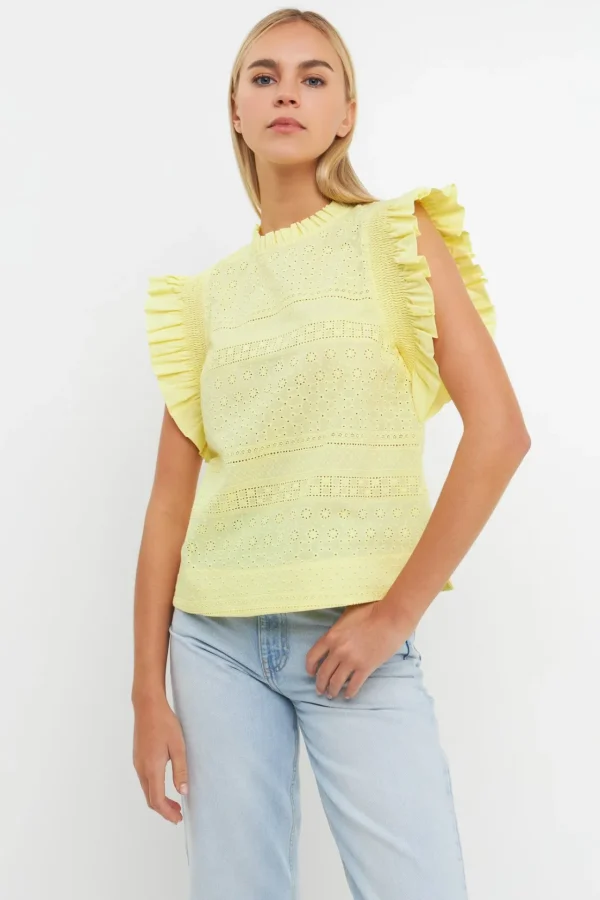 ENGLISH FACTORY Tops*- Ruffle Sleeve Embroidered Cotton Top