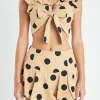 ENGLISH FACTORY Tops*- Ruffle Trimmed Cold Shoulder Front Tied Crop Top BEIGE/BLACK