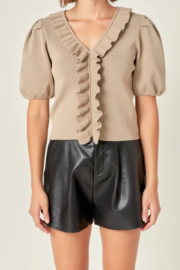 ENGLISH FACTORY Sweaters & Knits | Tops*- Ruffled Puff Sleeve Knit Top TAUPE
