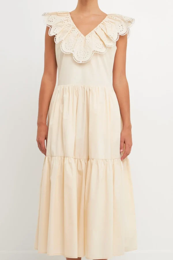 ENGLISH FACTORY Lace Dresses | Tops*- Ruffled Lace Contrast Midi Dress BEIGE