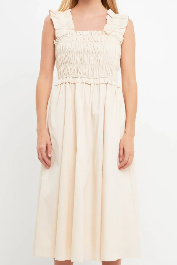 ENGLISH FACTORY Boho Dresses | Tops*- Ruffled Shoulder Straps Midi Dress BEIGE
