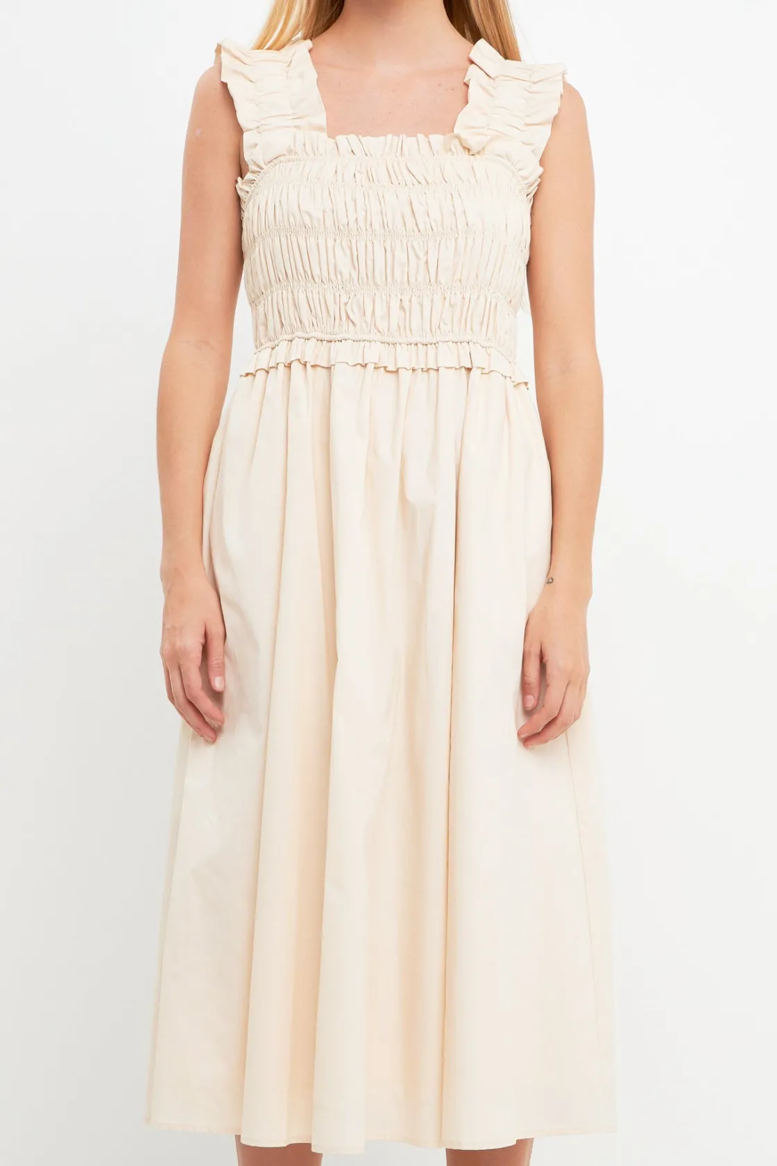 english_factory__ruffled__0-17.webp ENGLISH FACTORY Boho Dresses | Tops*- Ruffled Shoulder Straps Midi Dress BEIGE