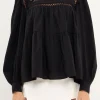 ENGLISH FACTORY Tops*- Ruffled Lace Insert Blouse BLACK
