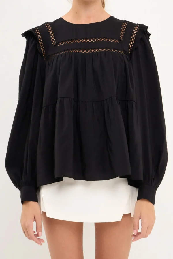 ENGLISH FACTORY Tops*- Ruffled Lace Insert Blouse BLACK