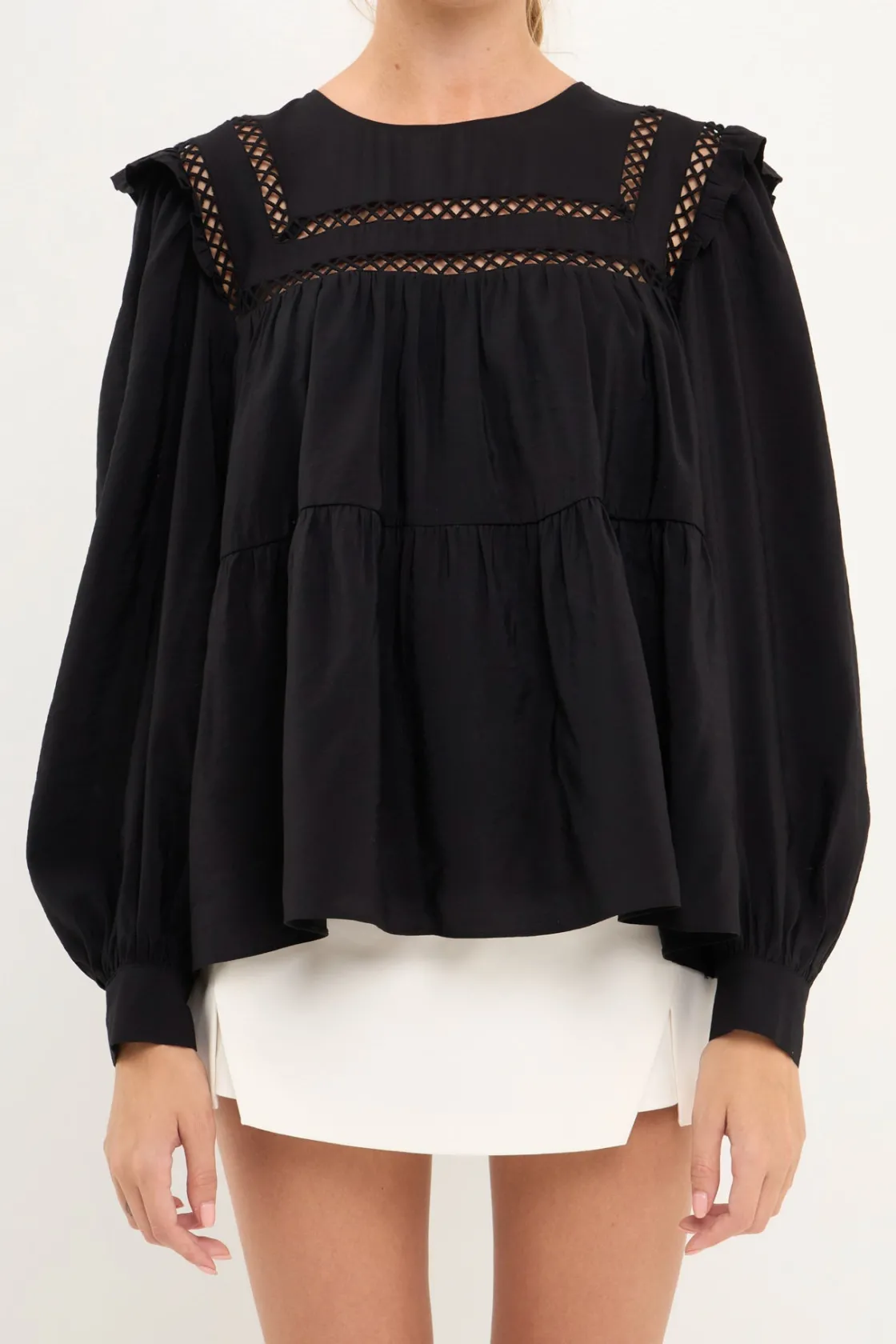 english_factory__ruffled__0-2.webp ENGLISH FACTORY Tops*- Ruffled Lace Insert Blouse BLACK