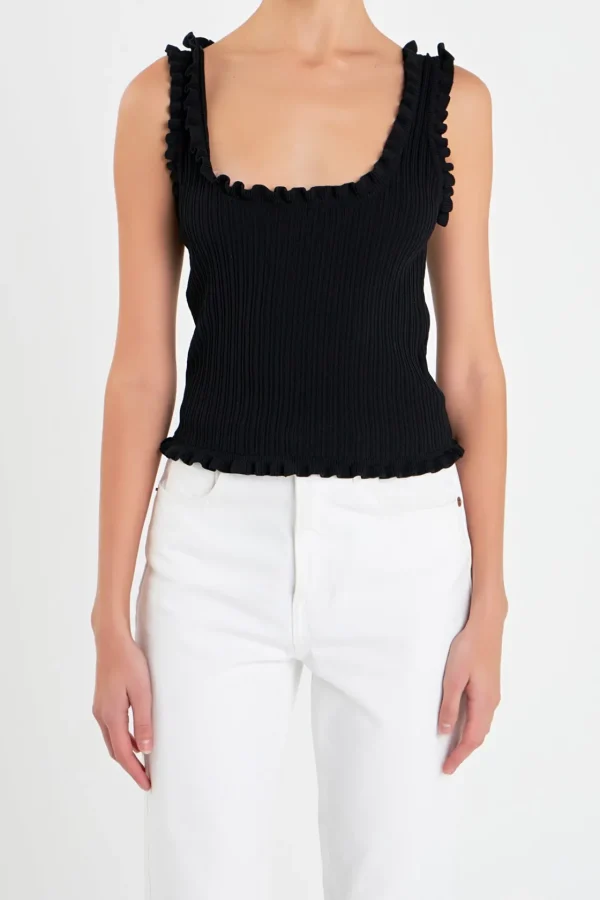 ENGLISH FACTORY Tops*- Ruffled Edge Sleeveless Knit Top BLACK