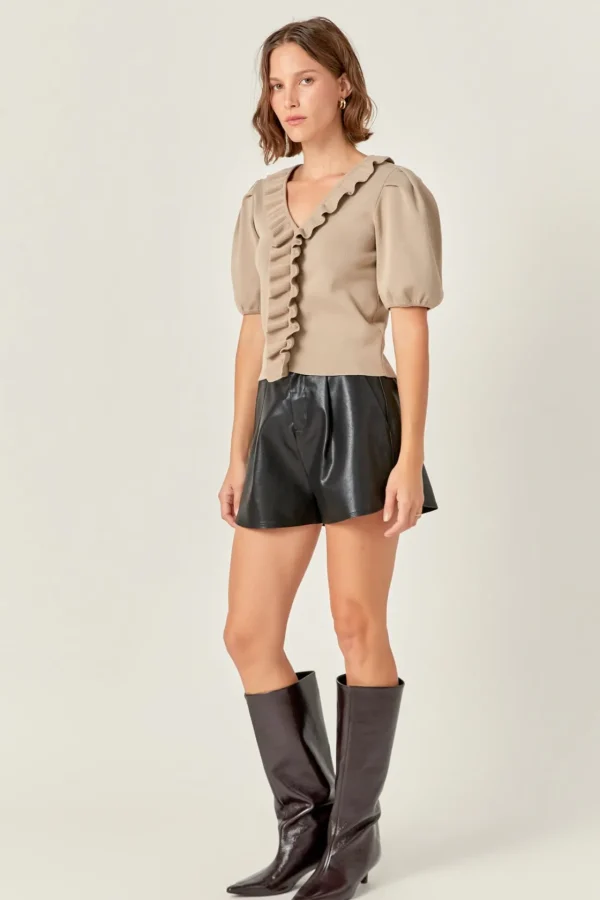 ENGLISH FACTORY Sweaters & Knits | Tops*- Ruffled Puff Sleeve Knit Top TAUPE