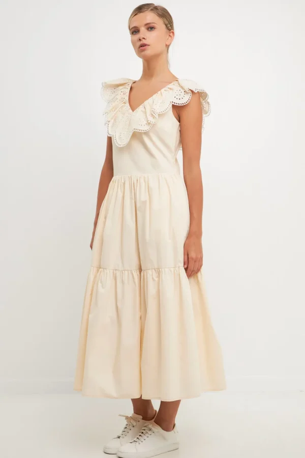 ENGLISH FACTORY Lace Dresses | Tops*- Ruffled Lace Contrast Midi Dress BEIGE
