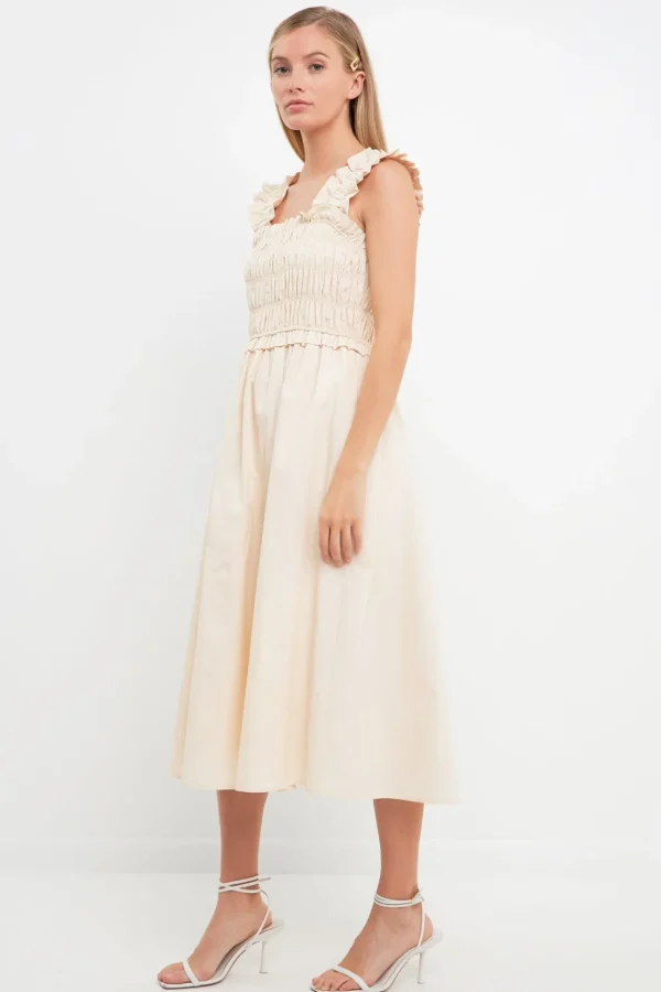 ENGLISH FACTORY Boho Dresses | Tops*- Ruffled Shoulder Straps Midi Dress BEIGE