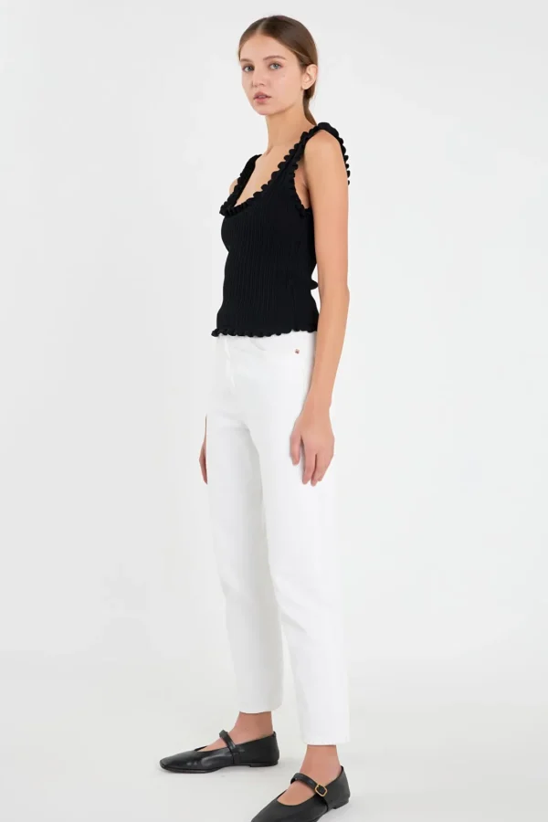 ENGLISH FACTORY Tops*- Ruffled Edge Sleeveless Knit Top BLACK