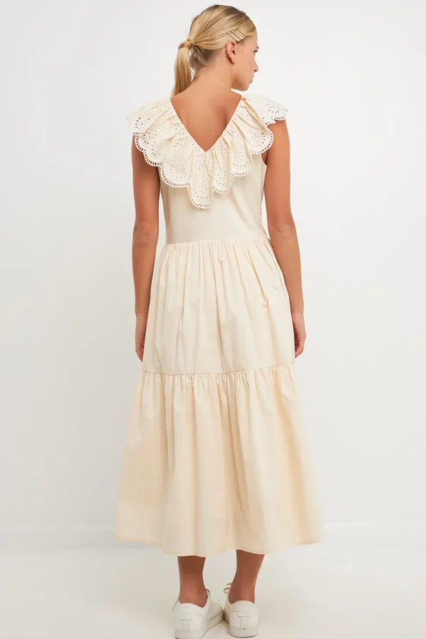 ENGLISH FACTORY Lace Dresses | Tops*- Ruffled Lace Contrast Midi Dress BEIGE