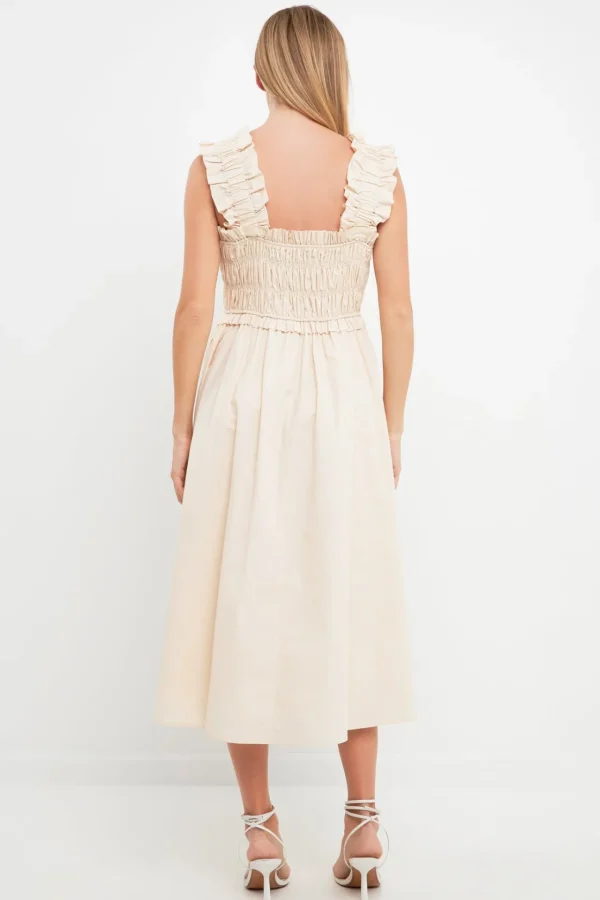 ENGLISH FACTORY Boho Dresses | Tops*- Ruffled Shoulder Straps Midi Dress BEIGE