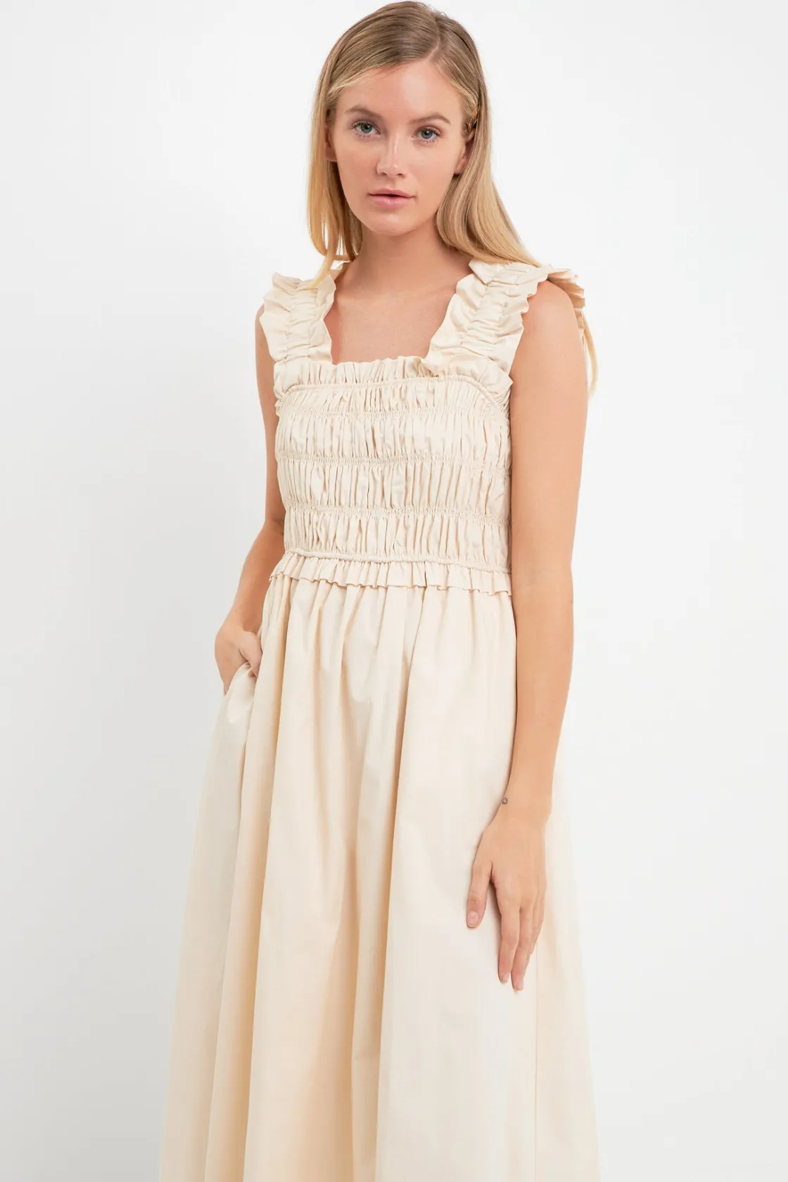 english_factory__ruffled__3-17.webp ENGLISH FACTORY Boho Dresses | Tops*- Ruffled Shoulder Straps Midi Dress BEIGE