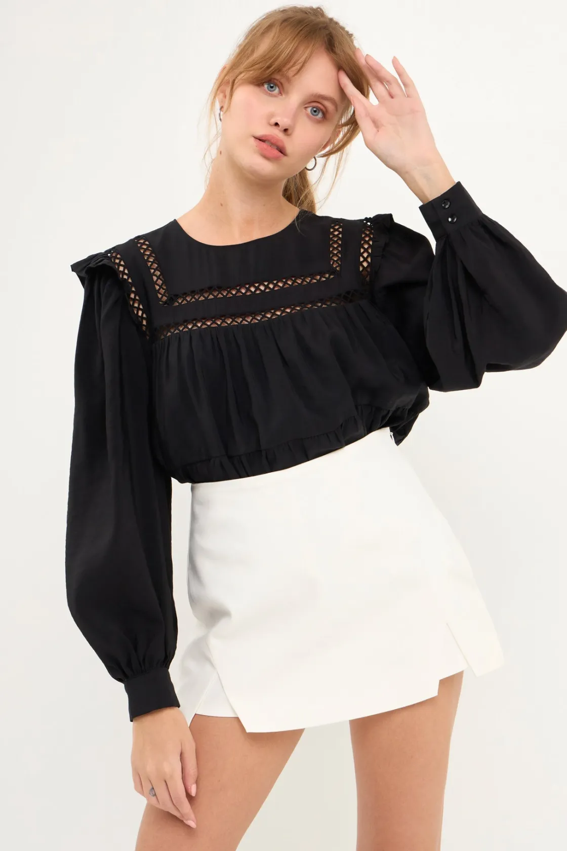 english_factory__ruffled__3-2.webp ENGLISH FACTORY Tops*- Ruffled Lace Insert Blouse BLACK