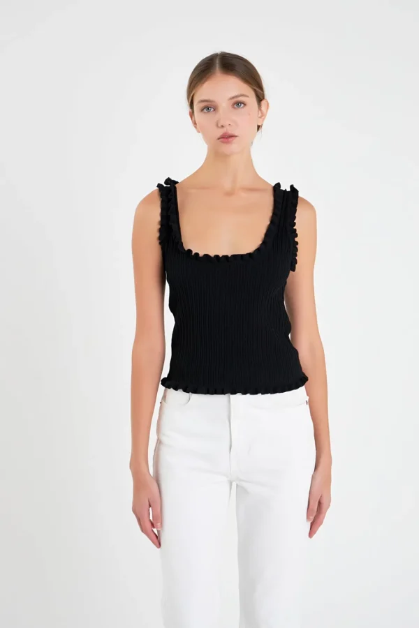 ENGLISH FACTORY Tops*- Ruffled Edge Sleeveless Knit Top BLACK