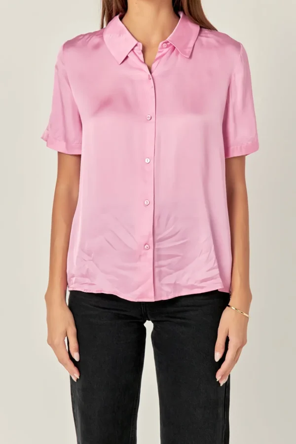 ENGLISH FACTORY Shirts & Blouses | Tops*- Satin Short Sleeve Shirt PINK