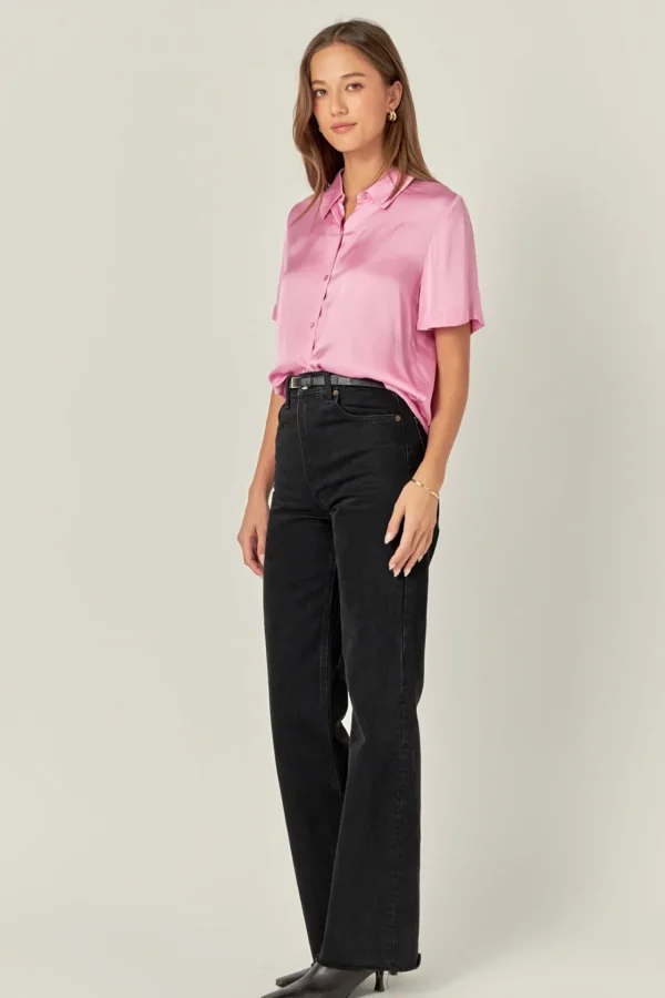 ENGLISH FACTORY Shirts & Blouses | Tops*- Satin Short Sleeve Shirt PINK