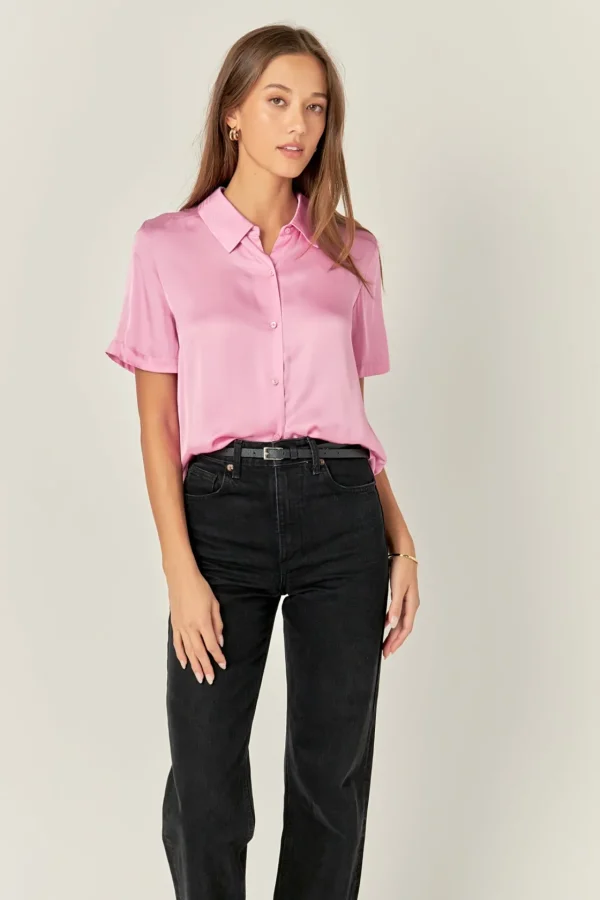 ENGLISH FACTORY Shirts & Blouses | Tops*- Satin Short Sleeve Shirt PINK