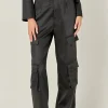 ENGLISH FACTORY Matching Sets | Pants*- Satin Wide Leg Cargo Pants BLACK