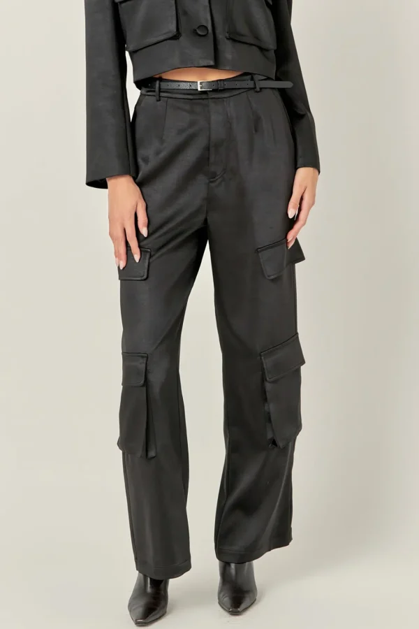 ENGLISH FACTORY Matching Sets | Pants*- Satin Wide Leg Cargo Pants BLACK