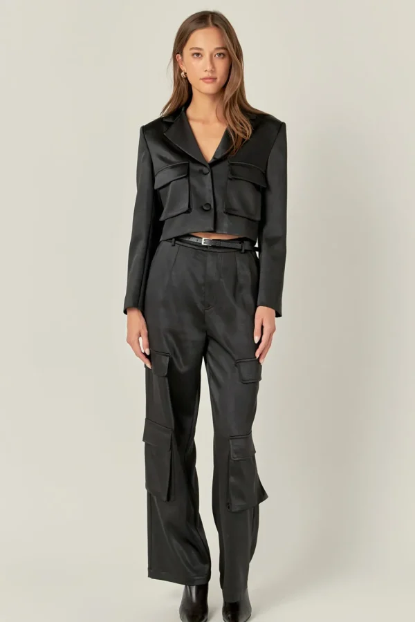ENGLISH FACTORY Matching Sets | Pants*- Satin Wide Leg Cargo Pants BLACK