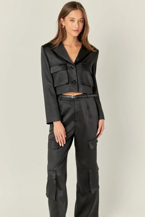 ENGLISH FACTORY Matching Sets | Pants*- Satin Wide Leg Cargo Pants BLACK