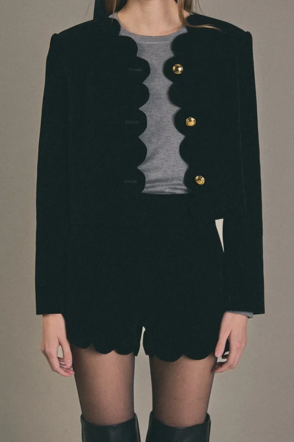 ENGLISH FACTORY Matching Sets*- Scallop Velvet Shorts BLACK