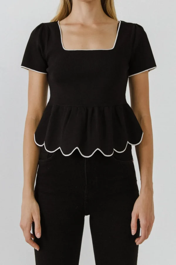 ENGLISH FACTORY Sweaters & Knits*- Scallop Edge Square Neckline Sweater BLACK