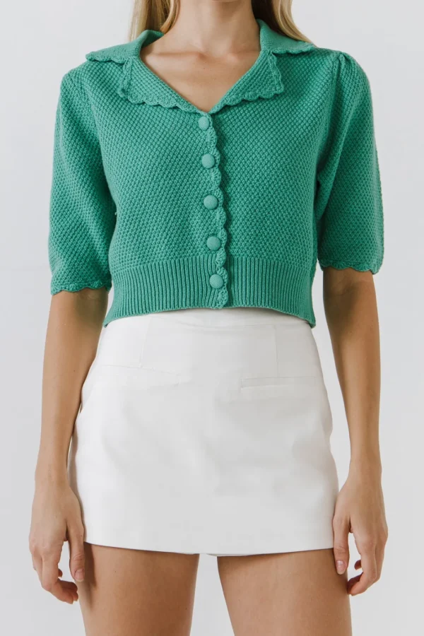 ENGLISH FACTORY Sweaters & Knits*- Scallop Edge Short Sleeve Cardigan JADE