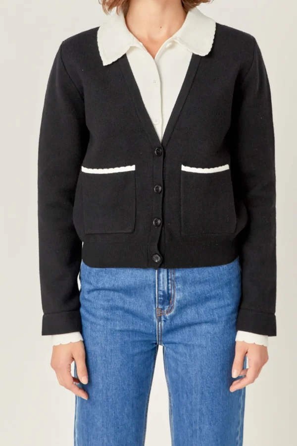 ENGLISH FACTORY Sweaters & Knits | Tops*- Scallop Varsity Cardigan BLACK/WHITE