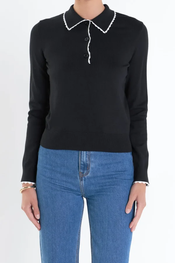 ENGLISH FACTORY Sweaters & Knits*- Scallop Poly Knit BLACK/WHITE