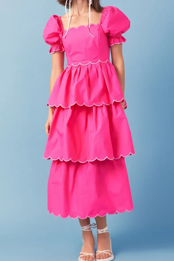 ENGLISH FACTORY Puff Sleeve | Tops*- Scallop Tiered Dress PINK