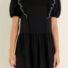 ENGLISH FACTORY Puff Sleeve | Tops*- Scallop Edge Knit Mini Dress BLACK/WHITE