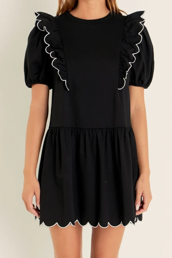 ENGLISH FACTORY Puff Sleeve | Tops*- Scallop Edge Knit Mini Dress BLACK/WHITE
