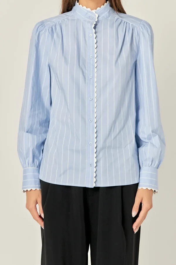 ENGLISH FACTORY Tops*- Scallop Trimmed Stripe Shirt Blouse POWDERBLUE/OFFWHITE