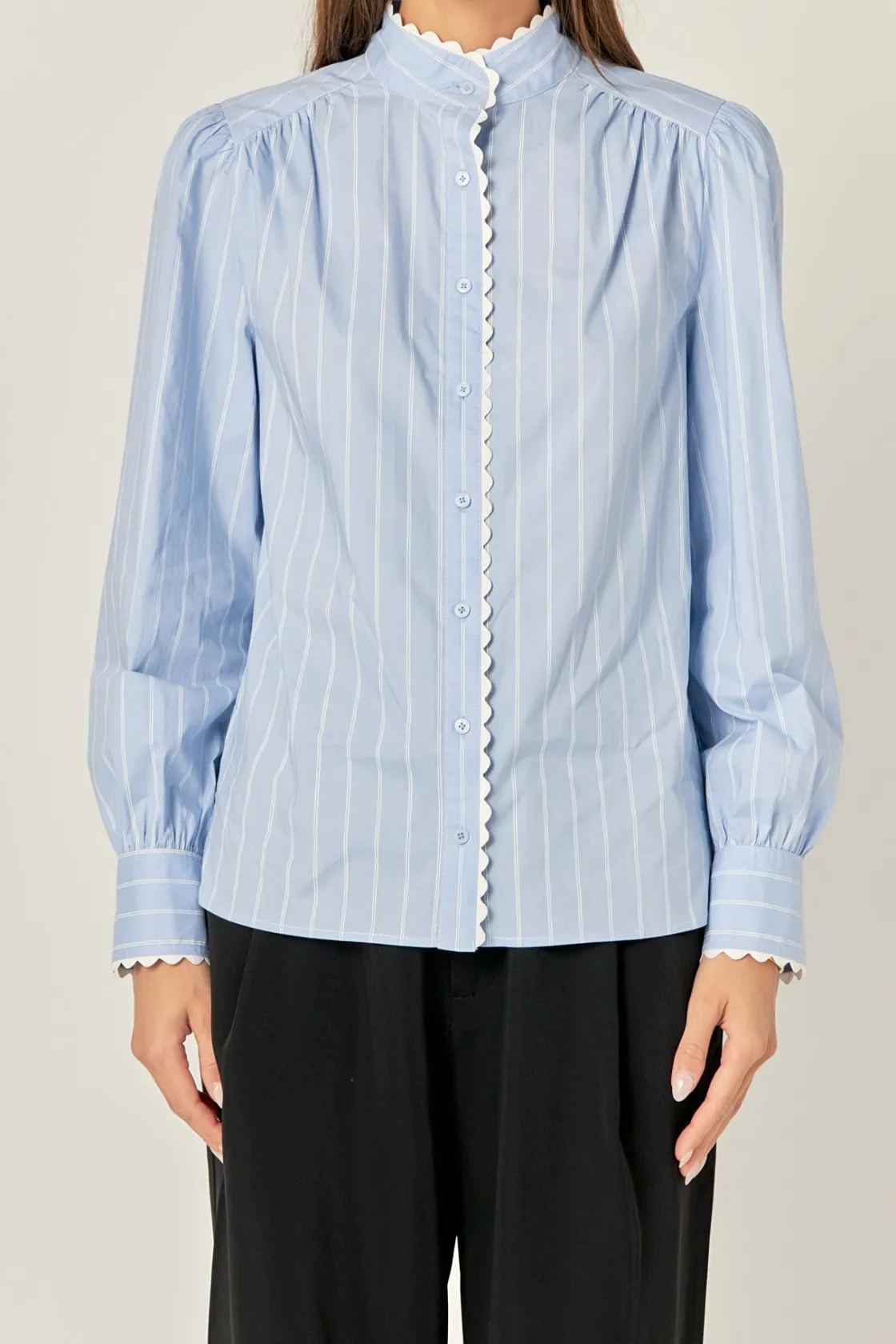 english_factory__scallop__0.webp ENGLISH FACTORY Tops*- Scallop Trimmed Stripe Shirt Blouse POWDERBLUE/OFFWHITE