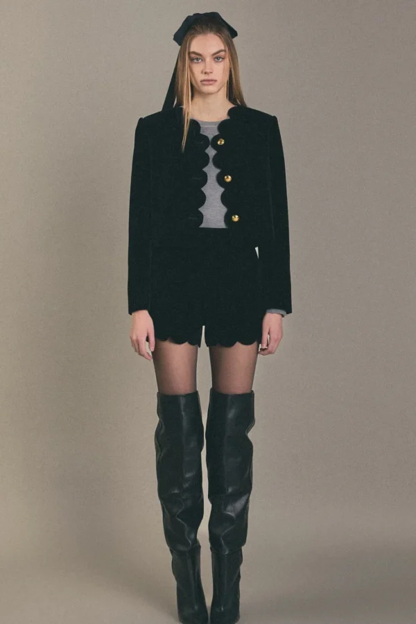 ENGLISH FACTORY Matching Sets*- Scallop Velvet Shorts BLACK